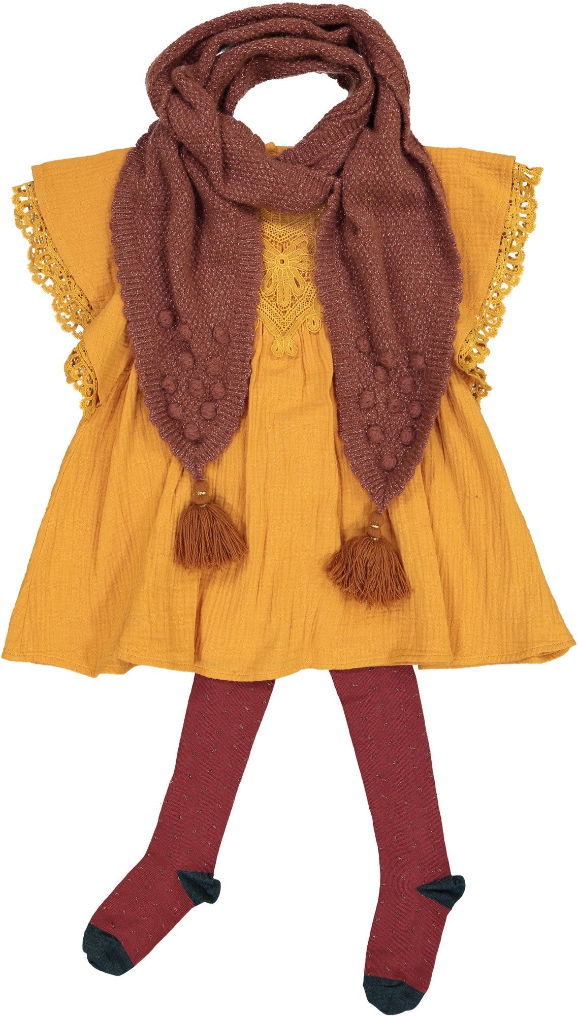 Girls Brown Scarf With Yellow Tassel Trims - CÉMAROSE | Children's Fashion Store - 2