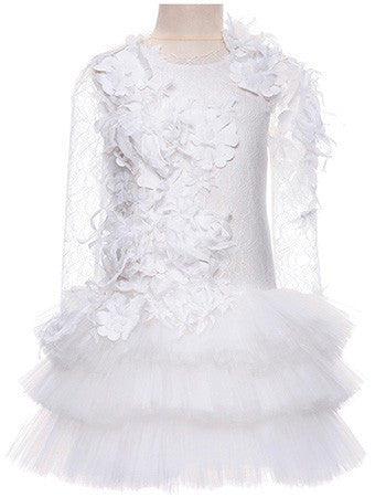 Girls White Patch  Trims Tullee Long Sleeve Dress - CÉMAROSE | Children's Fashion Store - 3