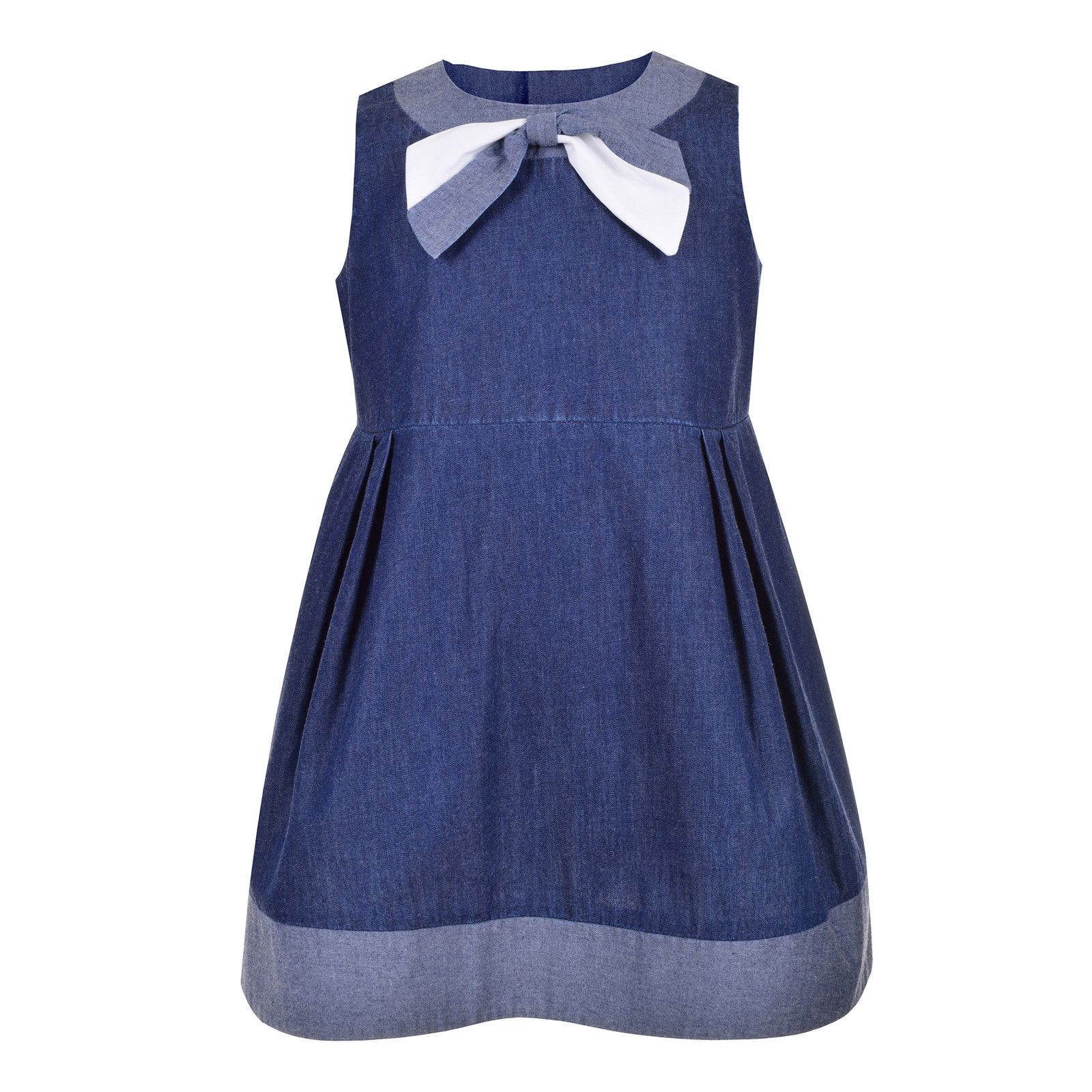 Girls Blue Cotton Bow Trims Neck Chambray Sun Dress - CÉMAROSE | Children's Fashion Store - 1
