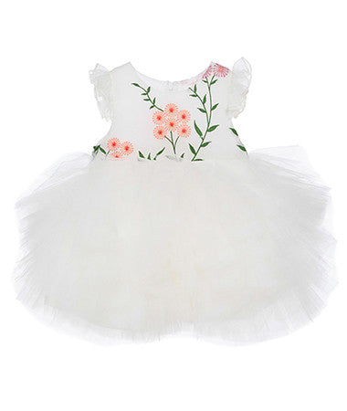 Girls White Embroidered Flower Trims Tulle Dress - CÉMAROSE | Children's Fashion Store
