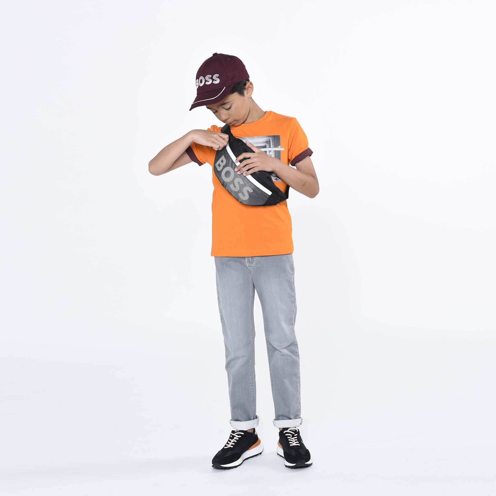 Boys Orange Printed Cotton T-Shirt