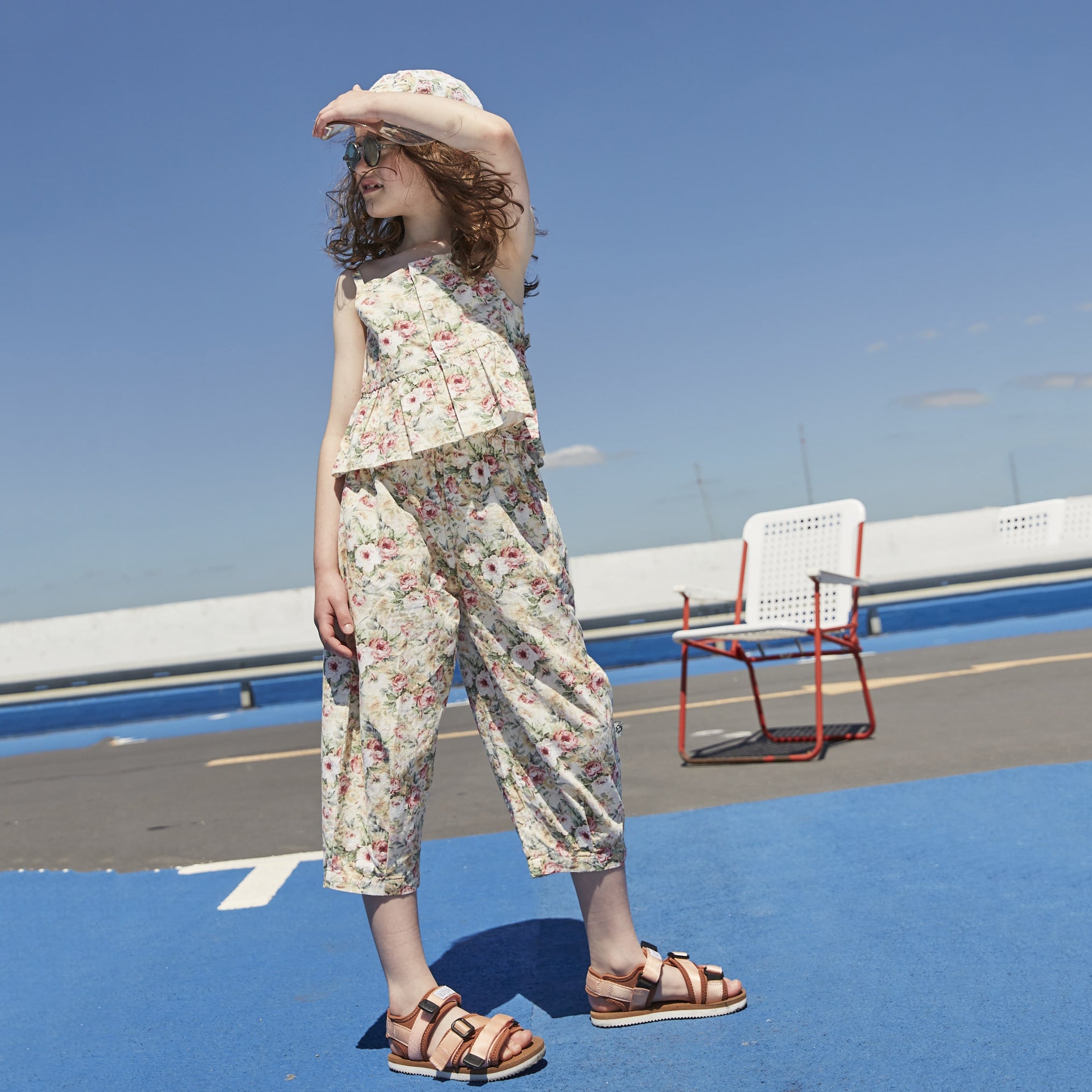 Girls Beige Floral Cotton Strap Top
