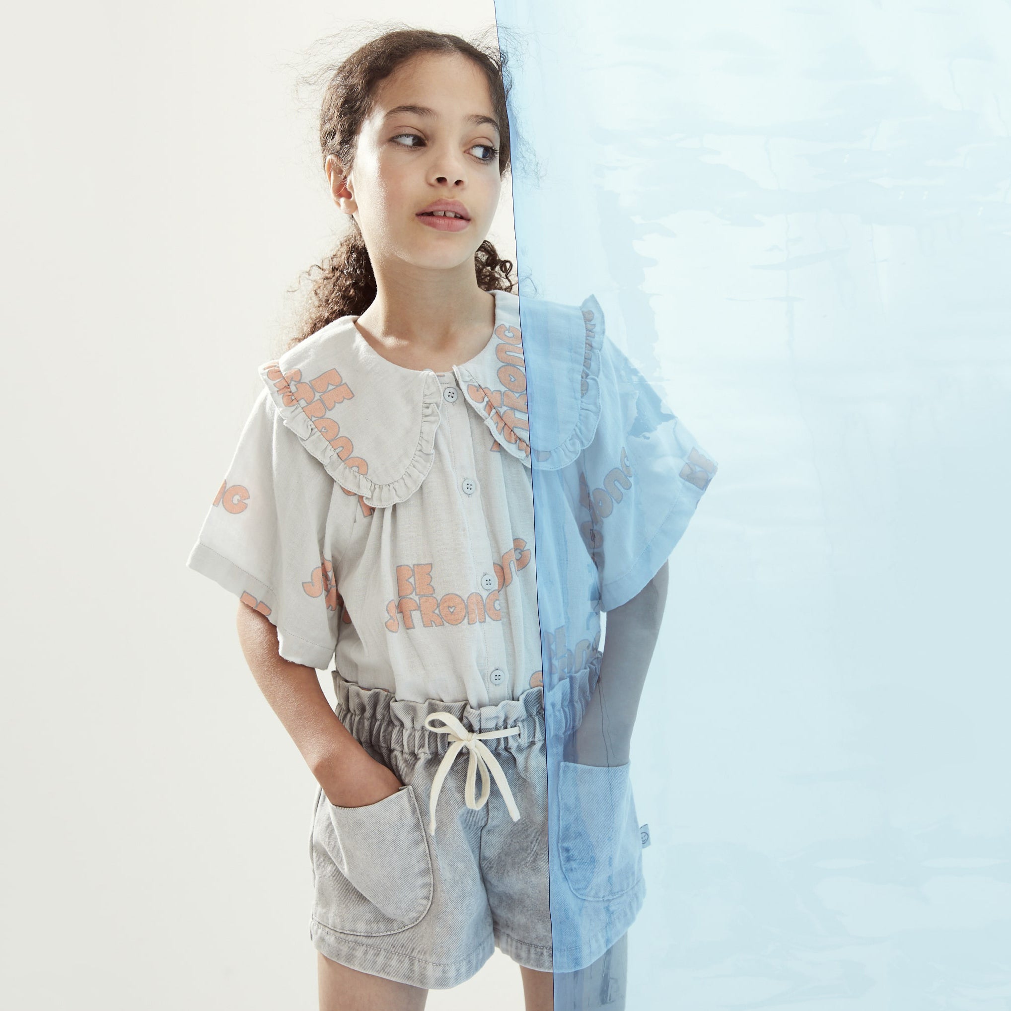 Girls Pale Blue Logo Cotton Shirt