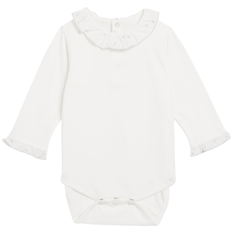 Baby Girls Ivory Ruffled Collar Cotton Bodysuit With Silver Edge - CÉMAROSE | Children's Fashion Store