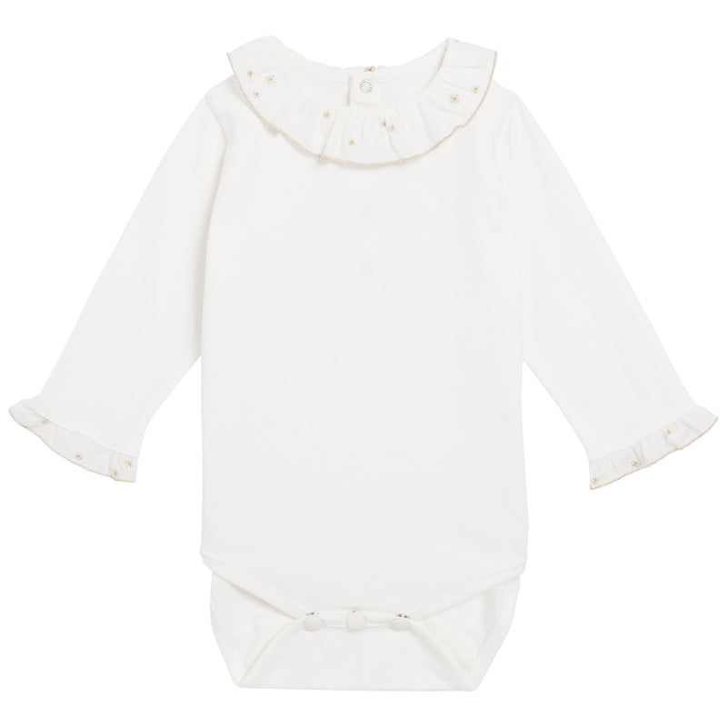 Baby Girls White Ruffled Collar Cotton Bodysuit With Gold Edge - CÉMAROSE | Children's Fashion Store