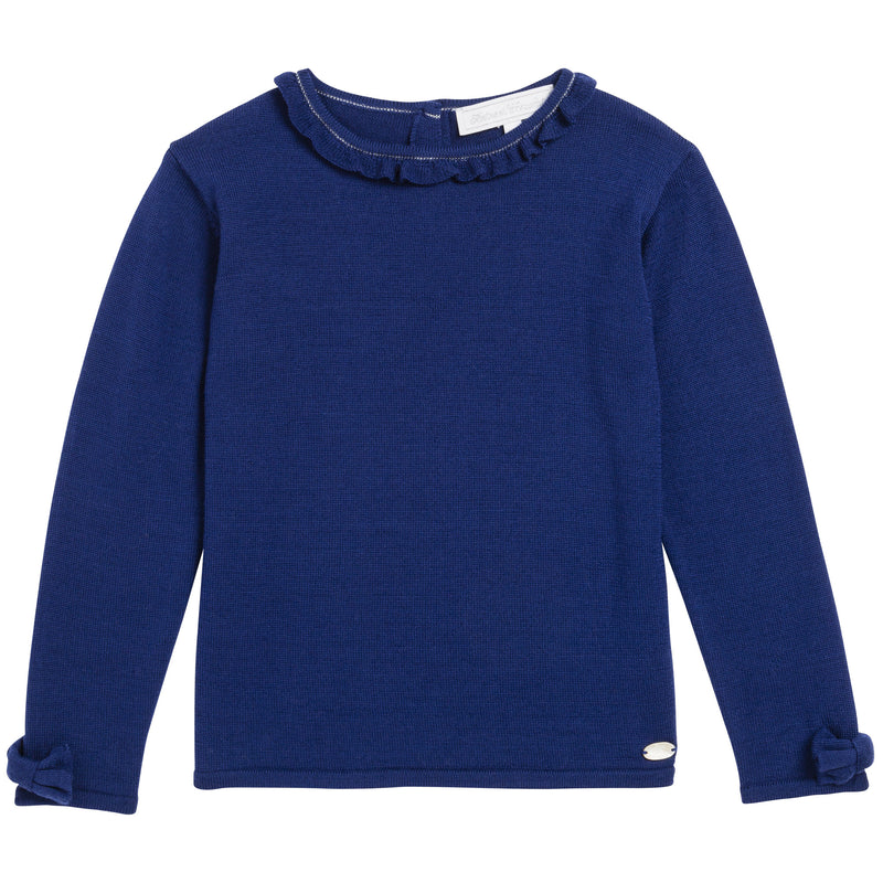 Girls Blue Ruffled Collar Wool Sweater - CÉMAROSE | Children's Fashion Store