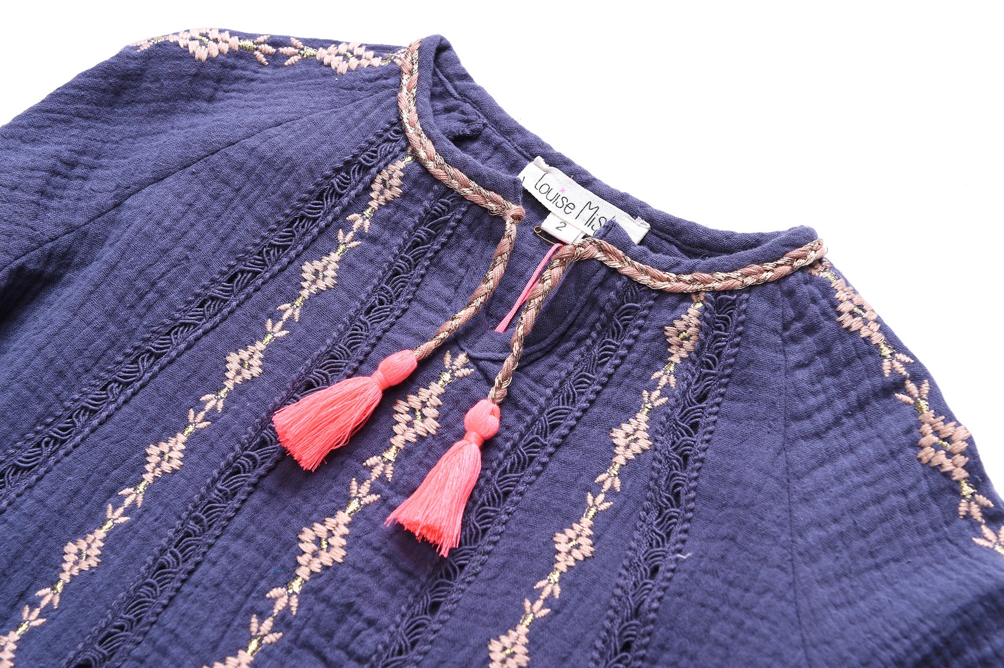 Girls Dark Grey Embroidered Trims Cotton 'Anka' Blouse - CÉMAROSE | Children's Fashion Store - 4