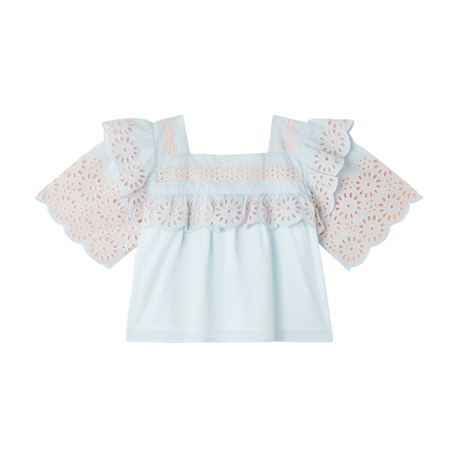 Girls Light Blue Embroidered Cotton Top