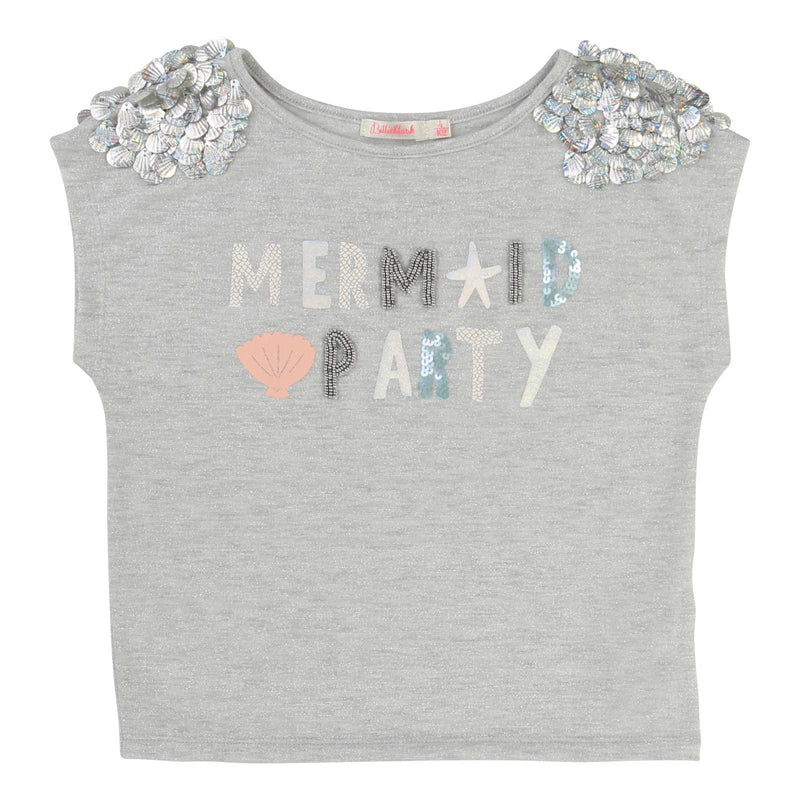 Girls Grey Cotton T-Shirt With Silver Sequin Trims - CÉMAROSE | Children's Fashion Store