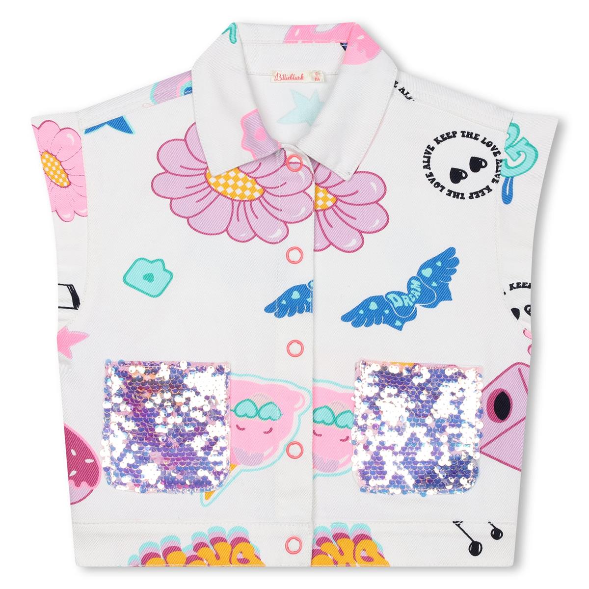 Girls White Printed Gilet