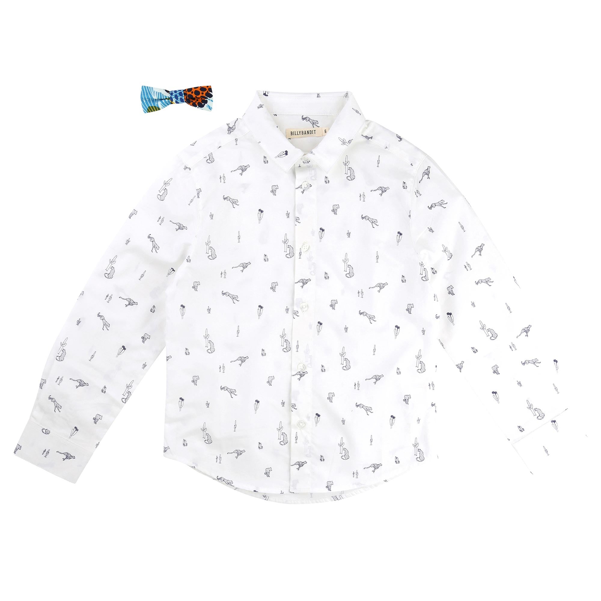 Boys White Leopard Shirt with Bow Tie