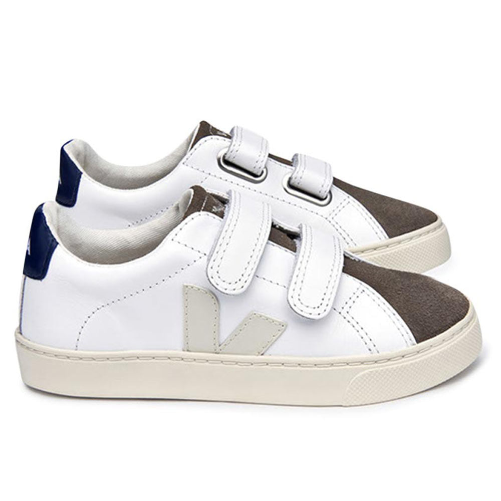 Boys & Girls White Velcro Leather Shoes With Brown Front