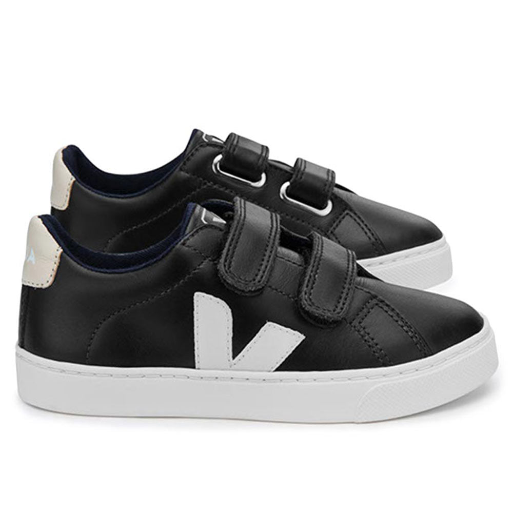 Boys & Girls Black Velcro Leather Shoes With White "V"