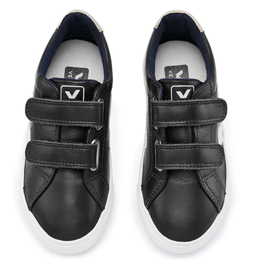 Boys & Girls Black Velcro Leather Shoes With White "V"