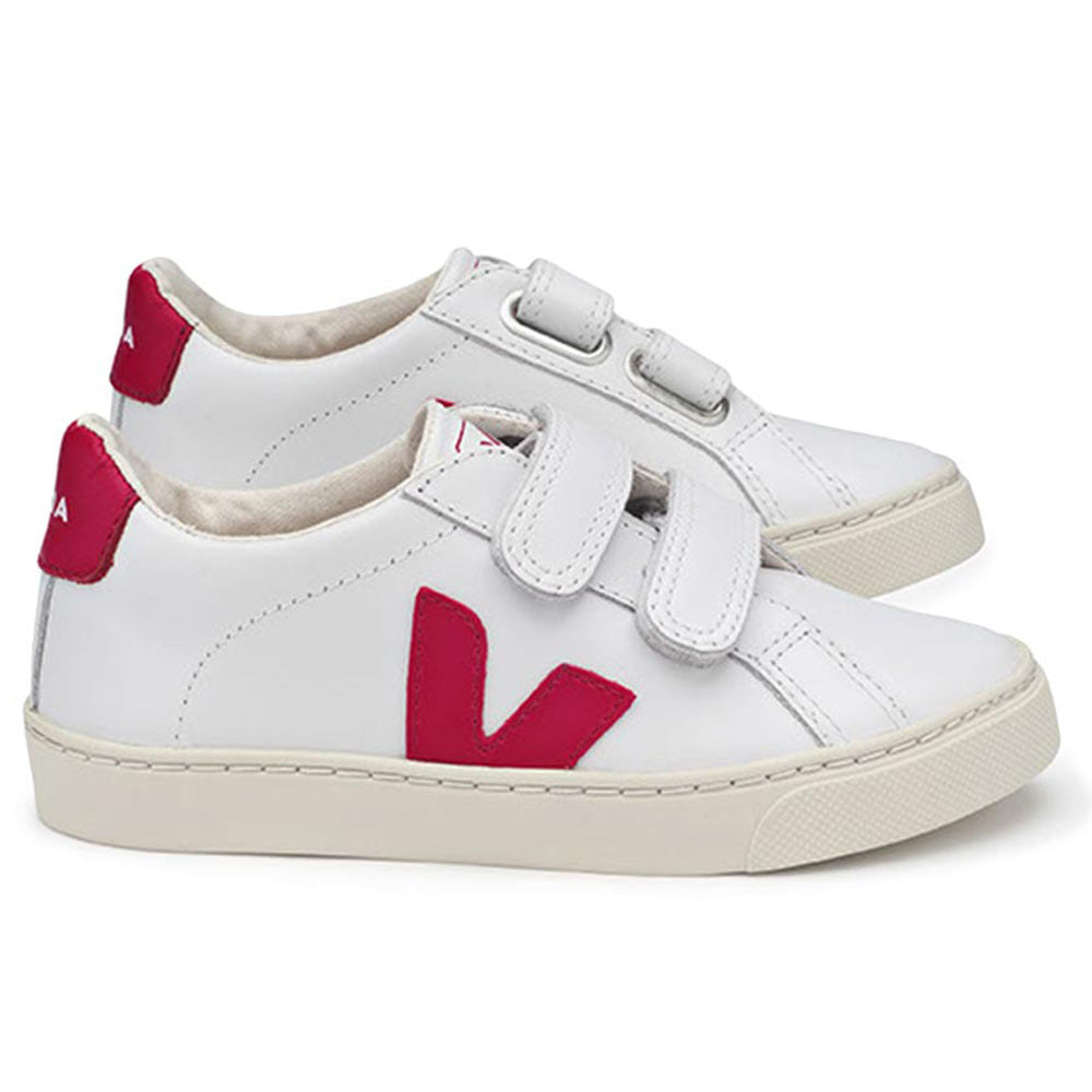 Boys & Girls White Velcro Leather Shoes With Red "V"