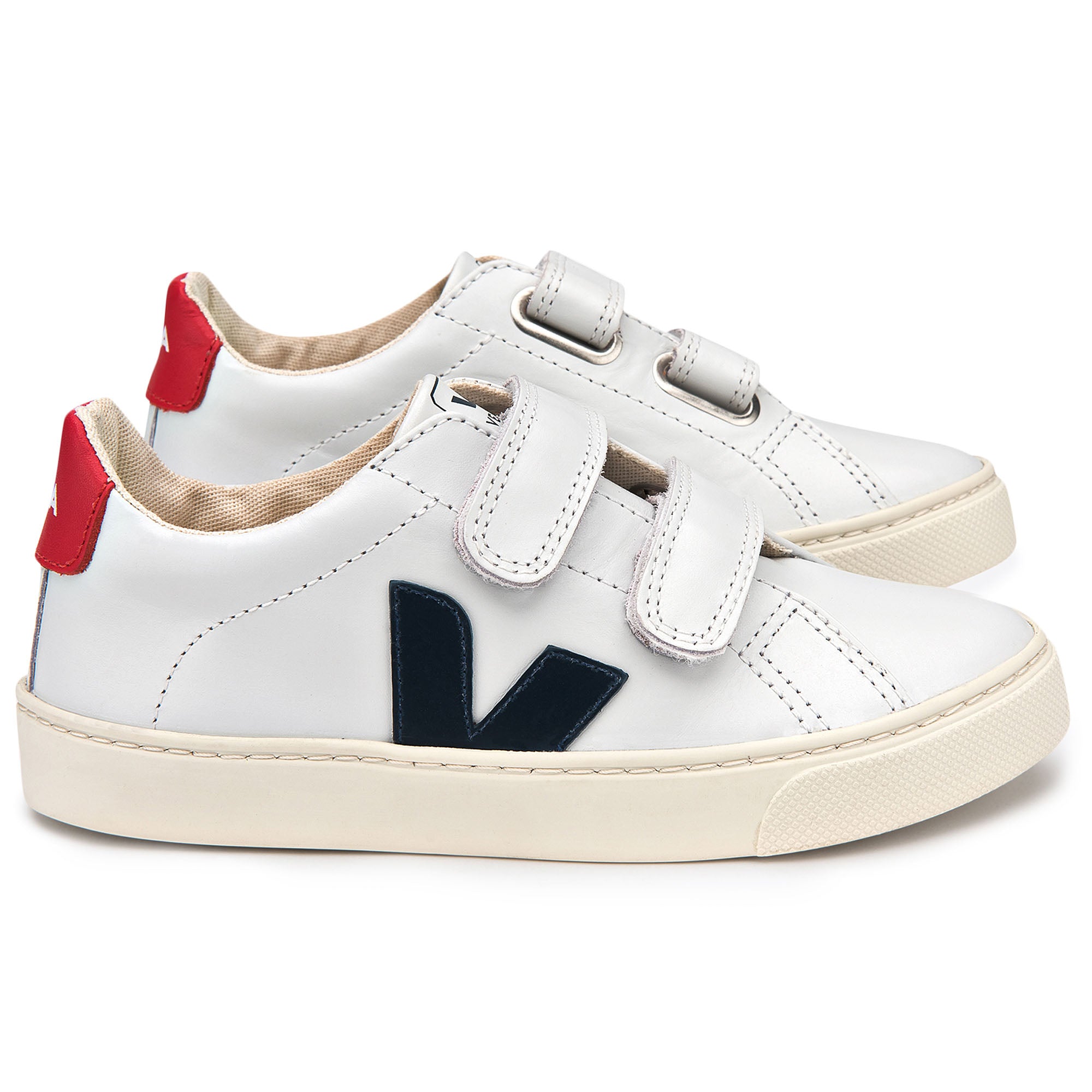Girls  &  Boys   White  Leather  Velcro With  Navy  Blue  "V"  Shoes