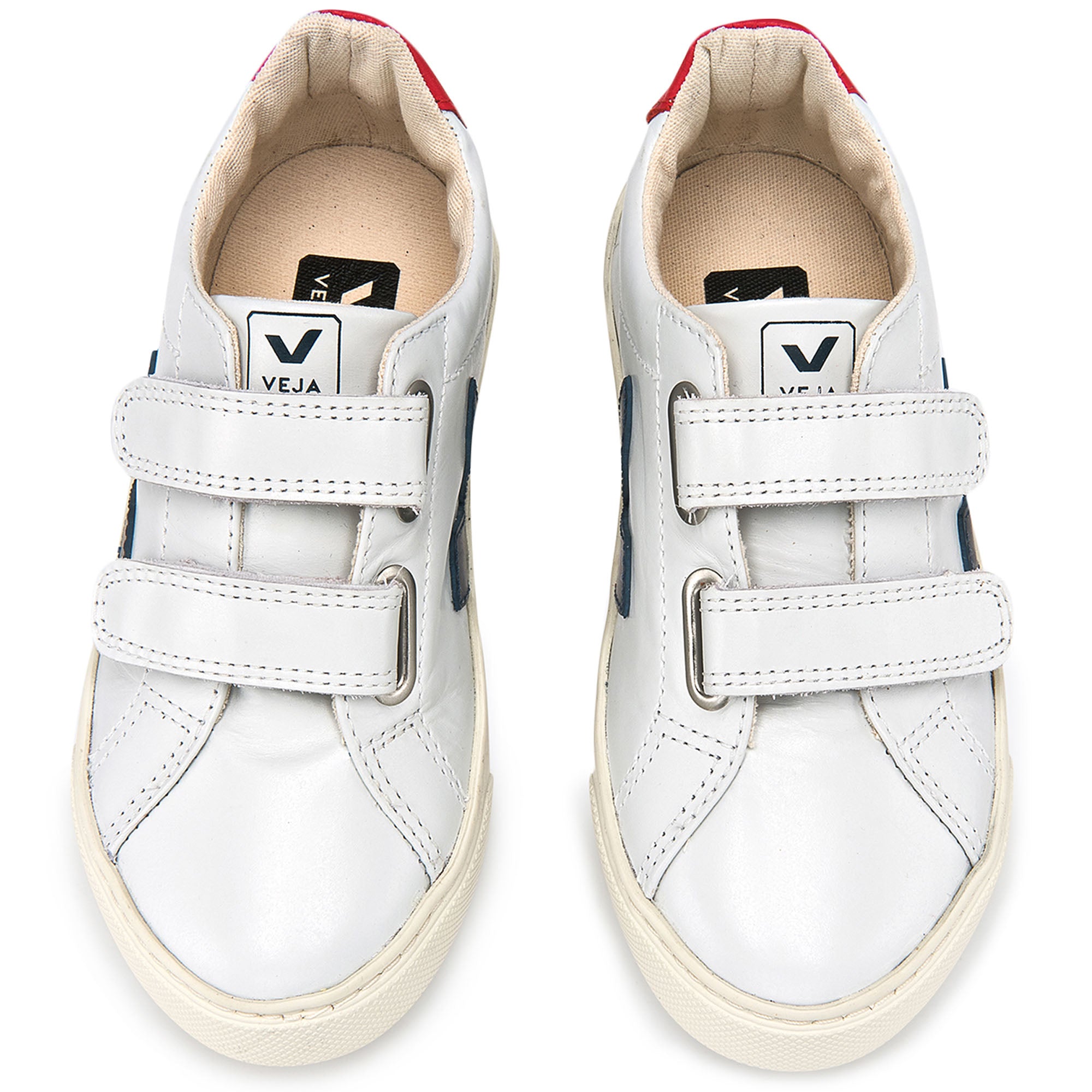 Girls  &  Boys   White  Leather  Velcro With  Navy  Blue  "V"  Shoes