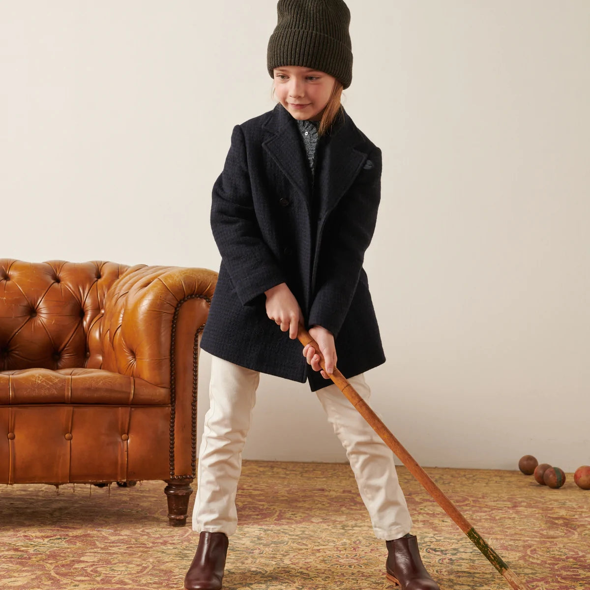 Boys & Girls Navy Check Wool Coat