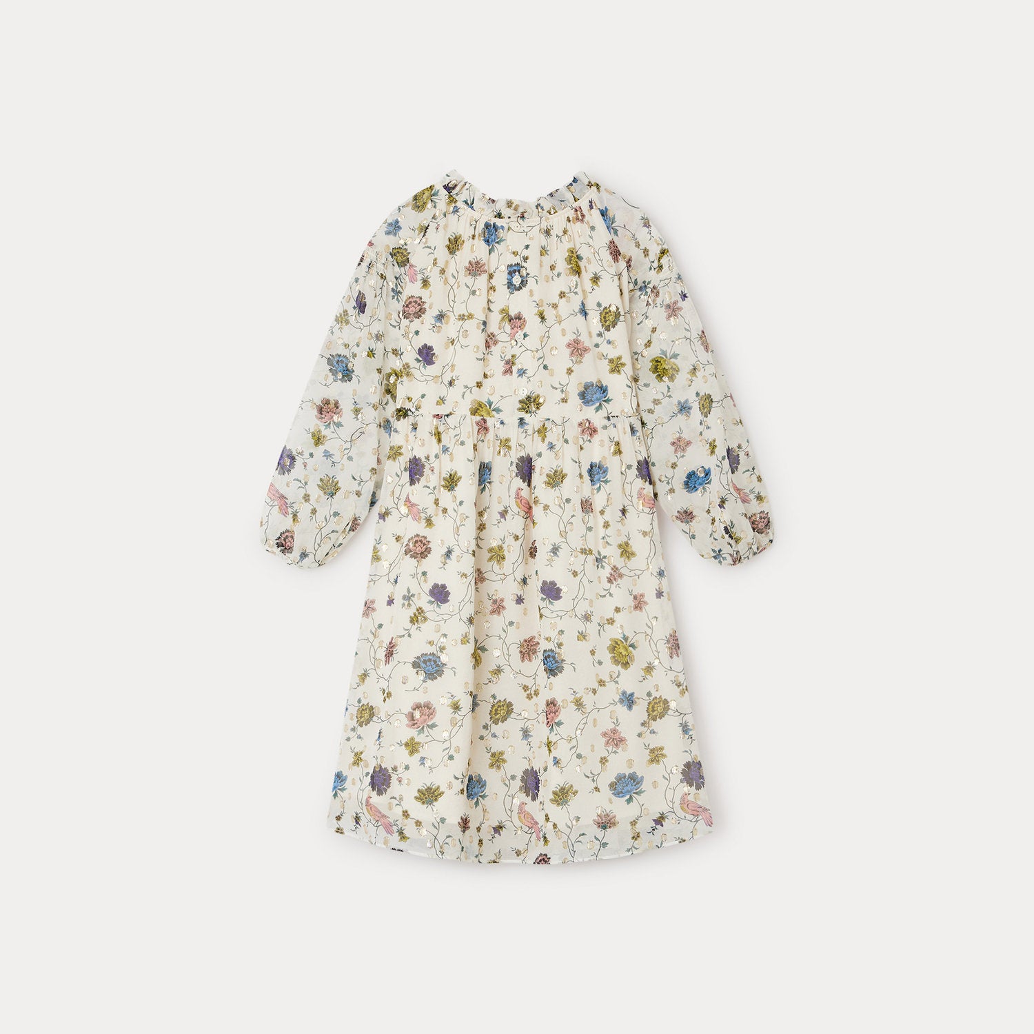 Girls White Flowers Sequin Silk Dress