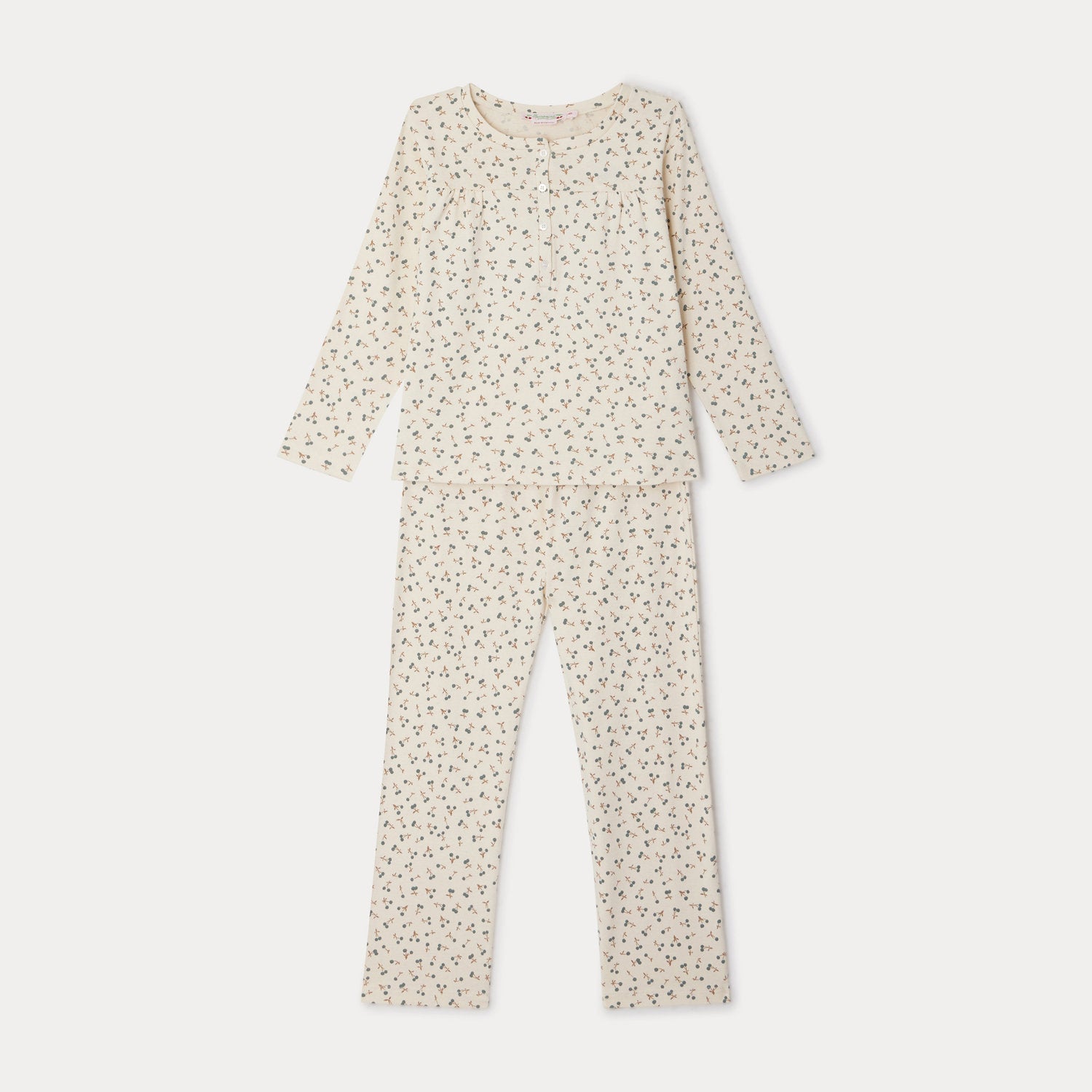 Girls Beige Cherry Printed Nightwear Set