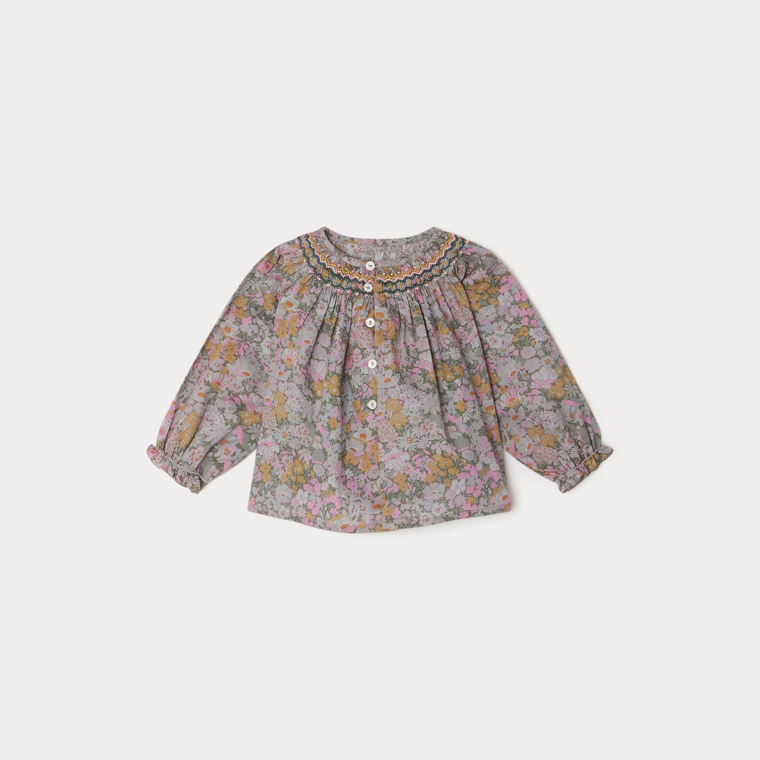 Baby Girls Green-Grey Floral Cotton Top