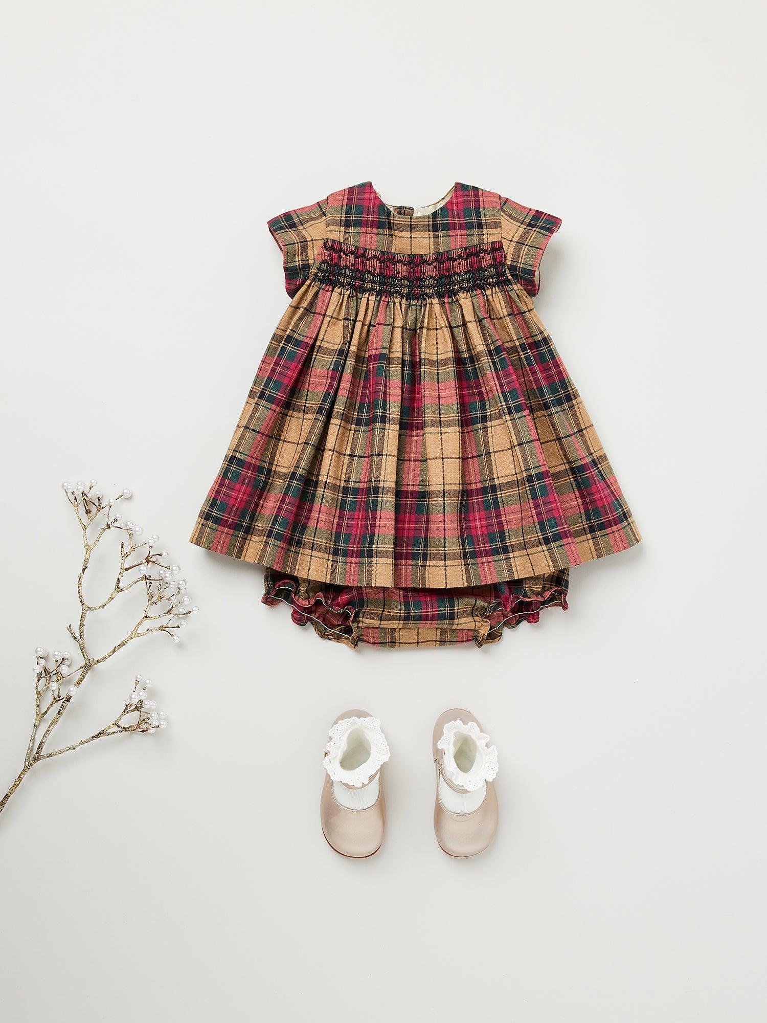 Baby Girls Camel Check Cotton Dress Set