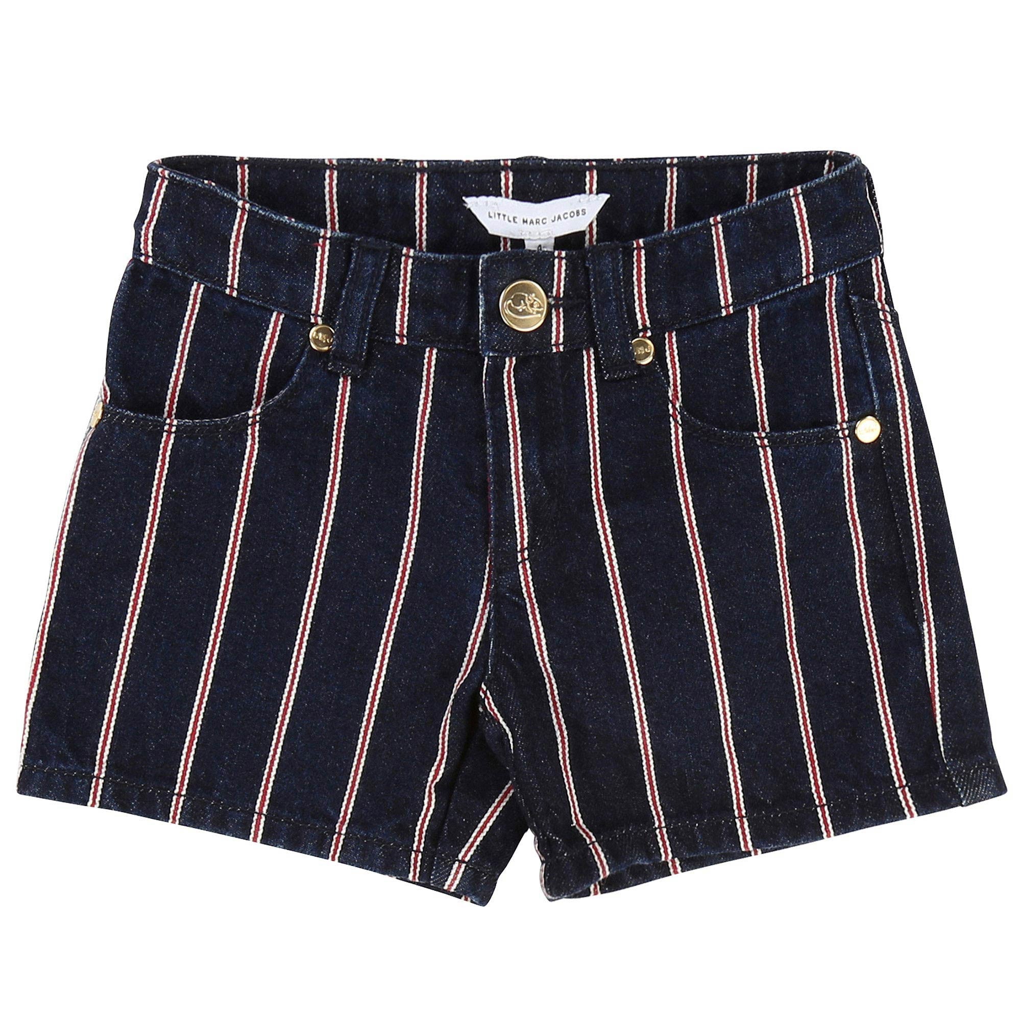 Girls Blue Denim & Red Stripe Shorts - CÉMAROSE | Children's Fashion Store - 1