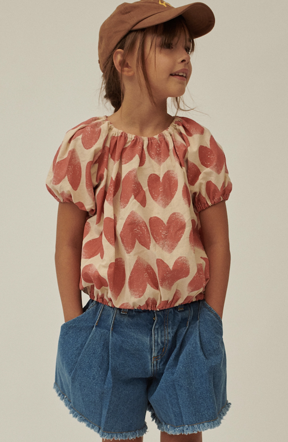 Girls Beige Heart Cotton Shirt
