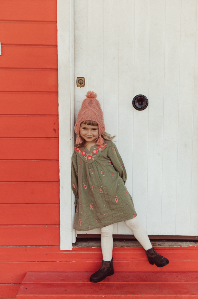 Girls Khaki Flowers Organic Cotton Dress
