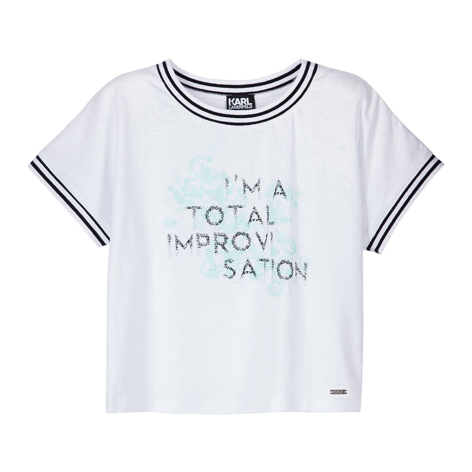 Girls White Cotton T-Shirt With Striped Cuffs - CÉMAROSE | Children's Fashion Store - 1