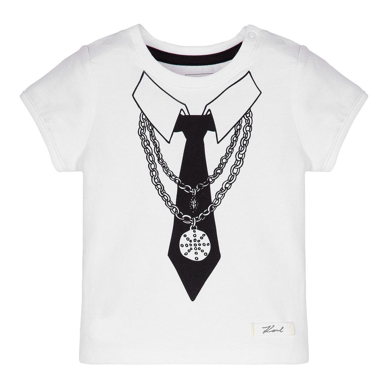Baby White Cotton T-Shirt With Black Tie Print - CÉMAROSE | Children's Fashion Store