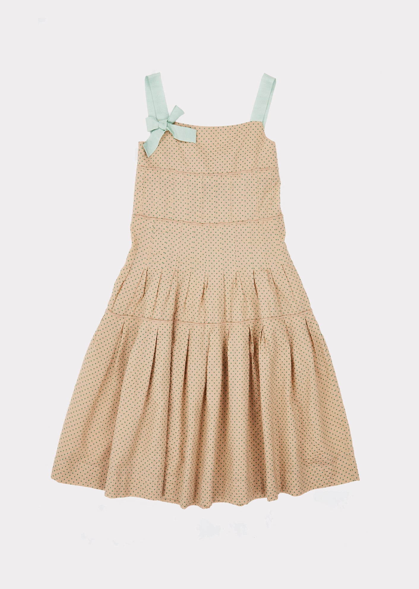 Girls Khaki & Green Polka Dots Cotton Dress