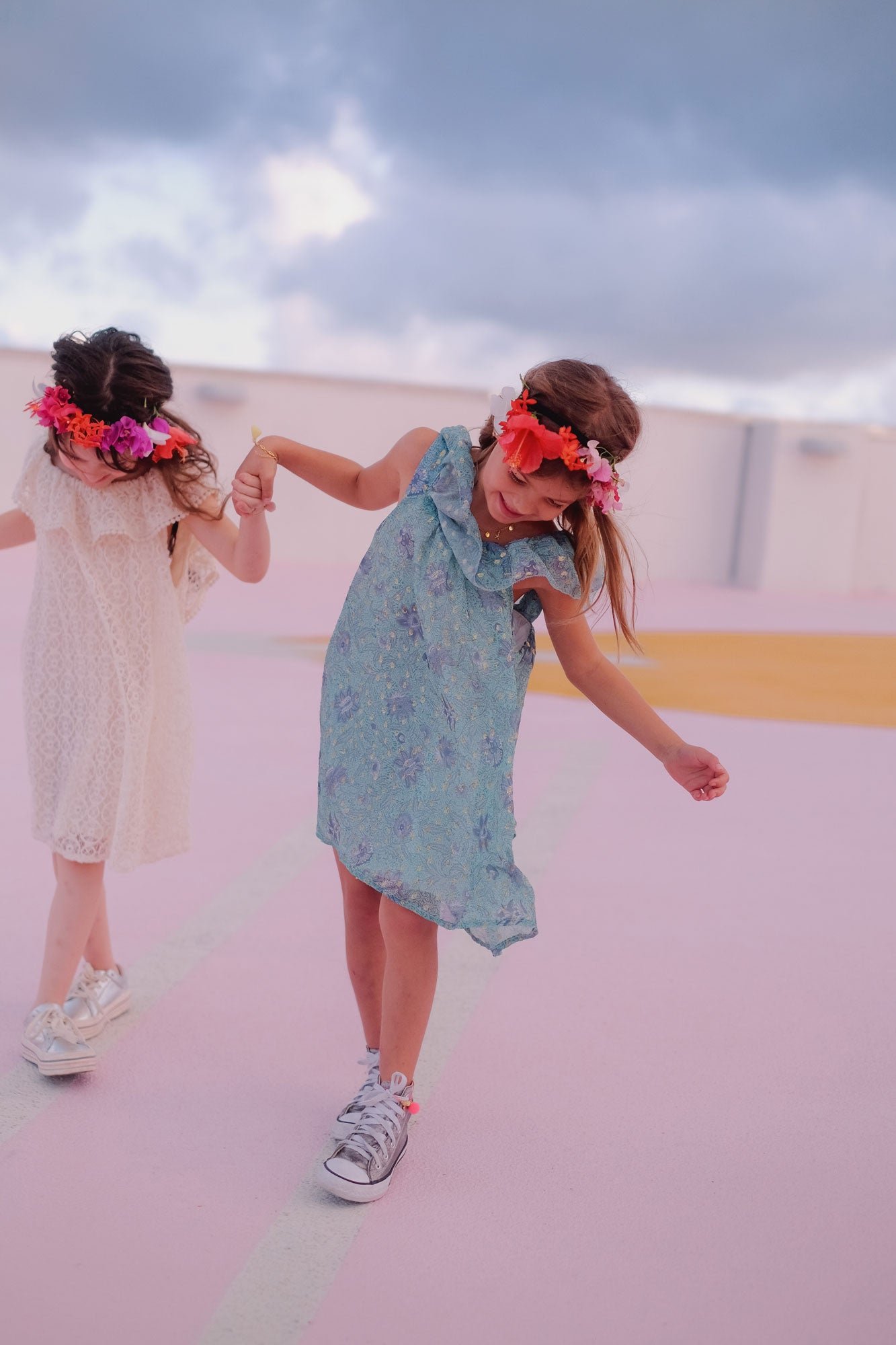 Girls Cyan Flowers Silk Dress