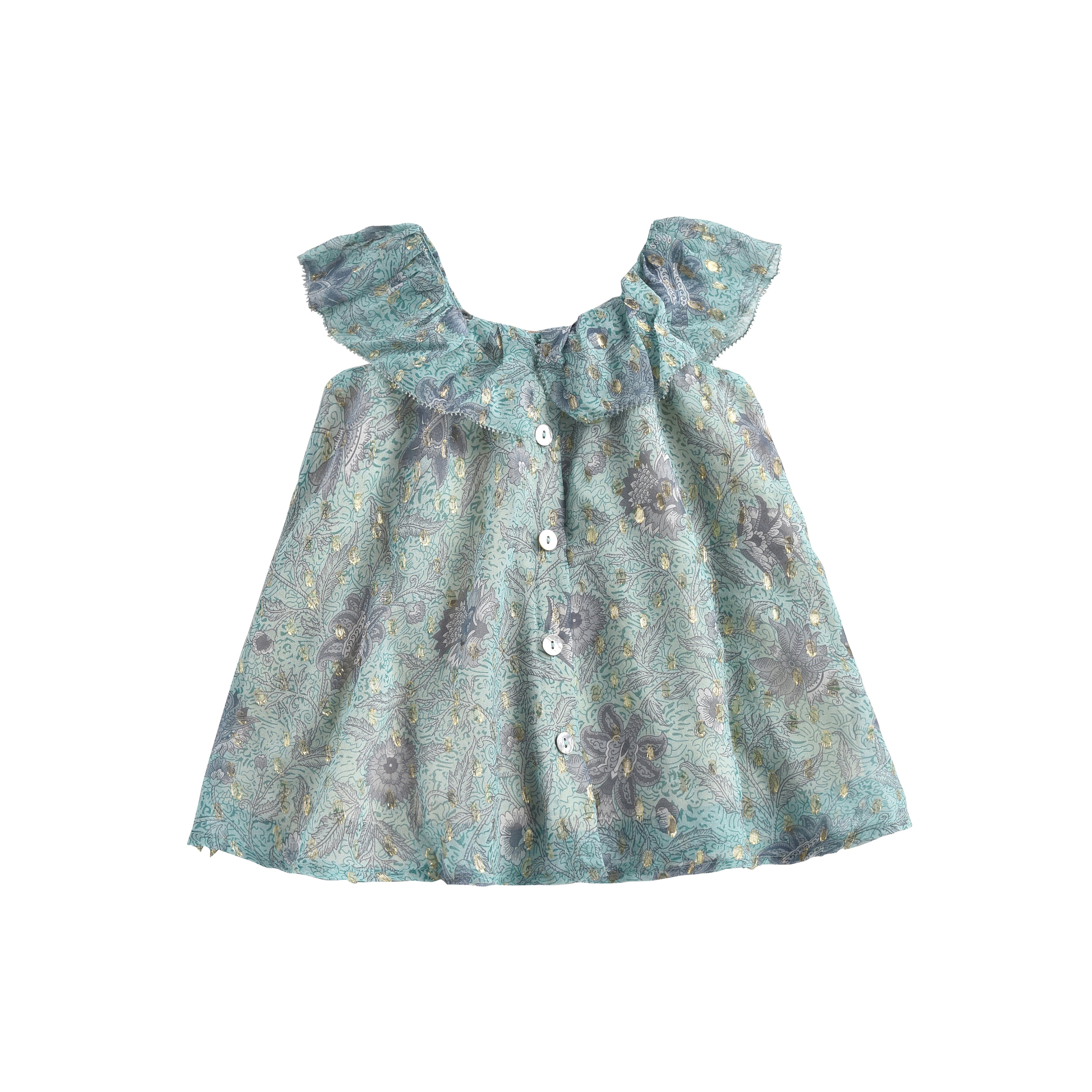 Girls Cyan Flowers Silk Dress