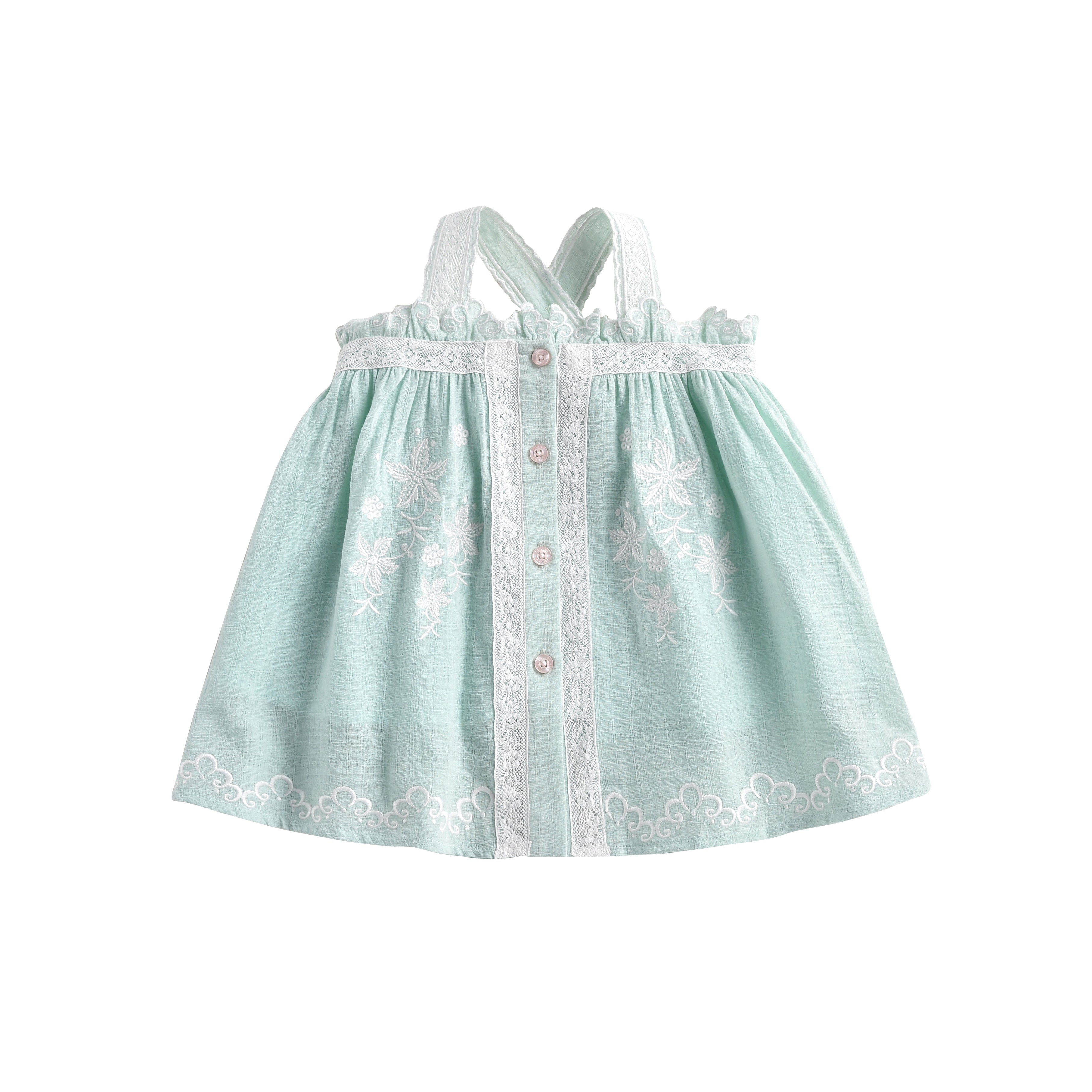 Girls Cyan Embroidered Cotton Dress