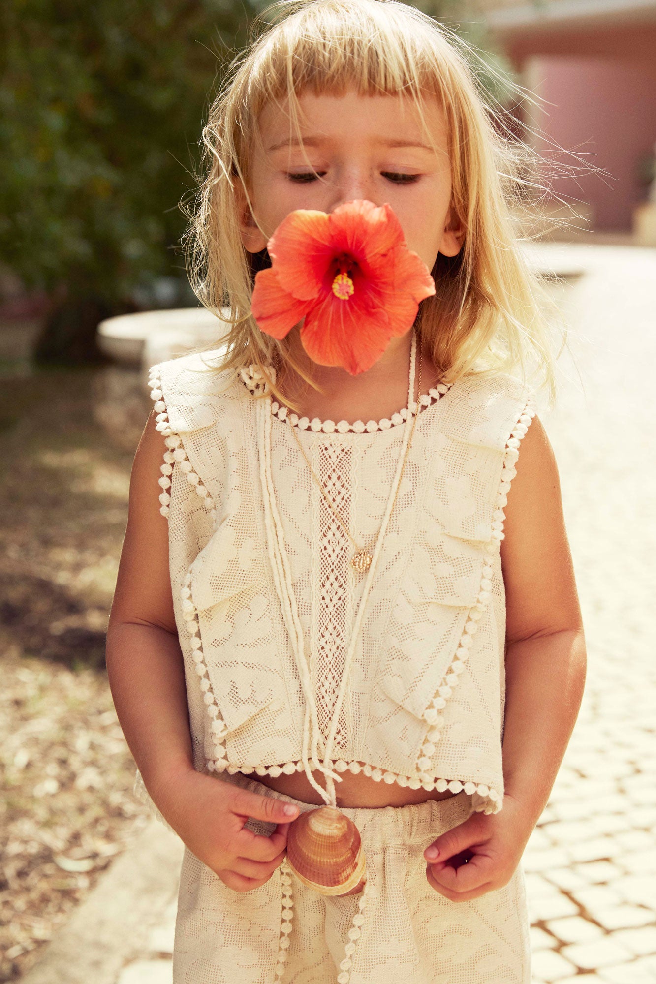 Girls Cream Baroque Lace Cotton Top