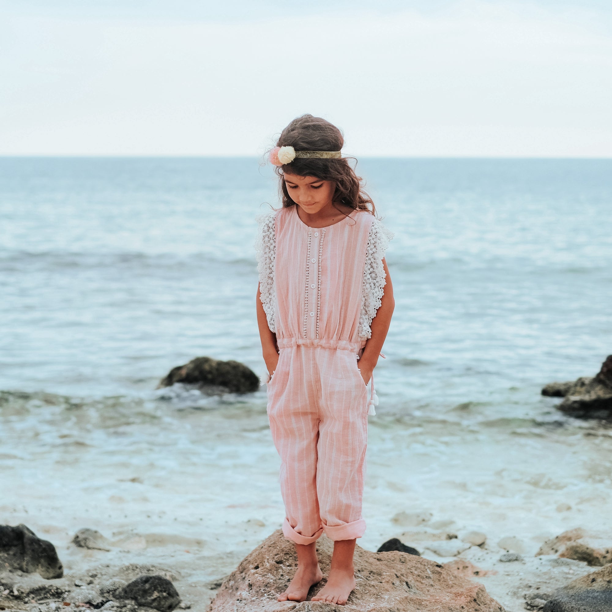 Girls Blush Stripes Cotton Overalls