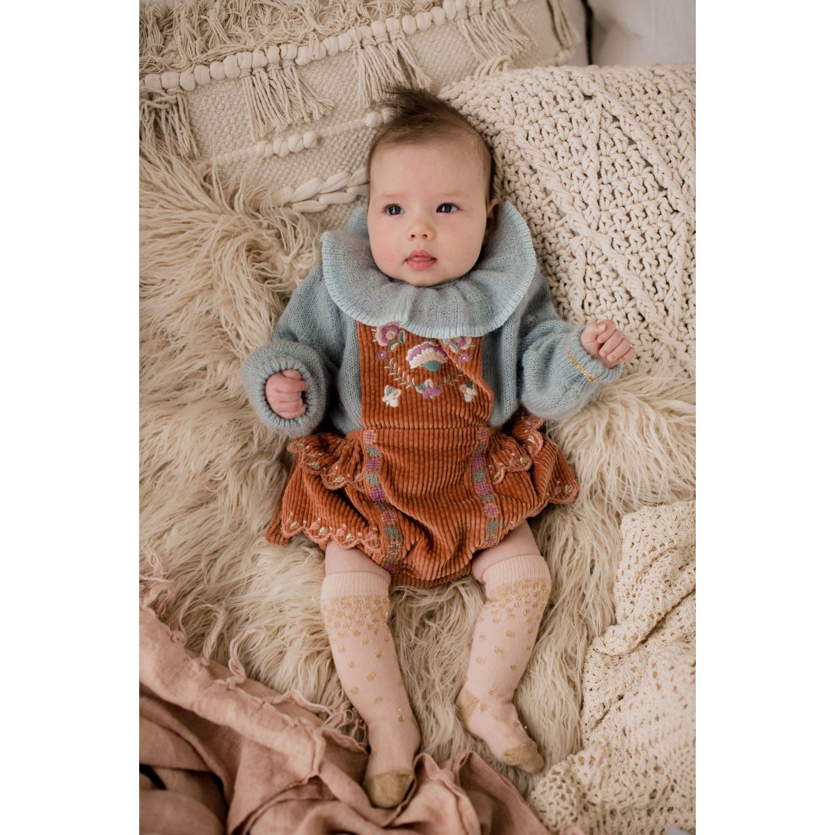 Baby Girls Terracotta Embroidered Cotton Rompers