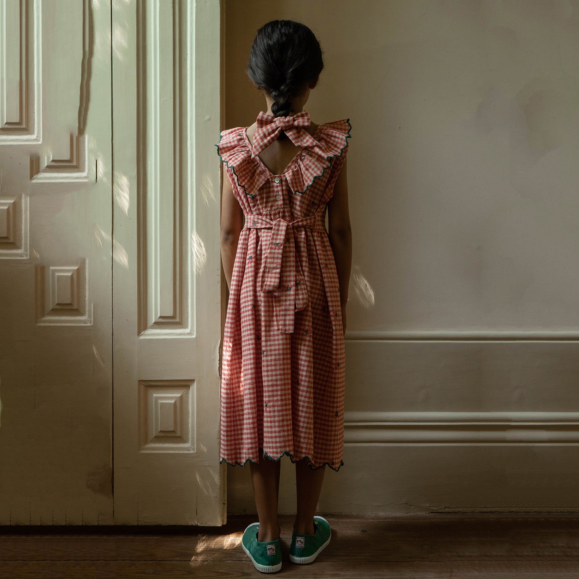 Girls Pink Check Embroidered Cotton Dress