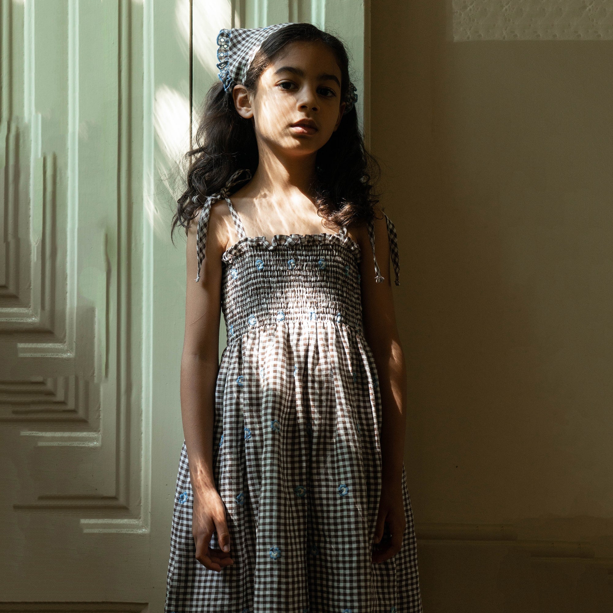 Girls Black Check Embroidered Dress