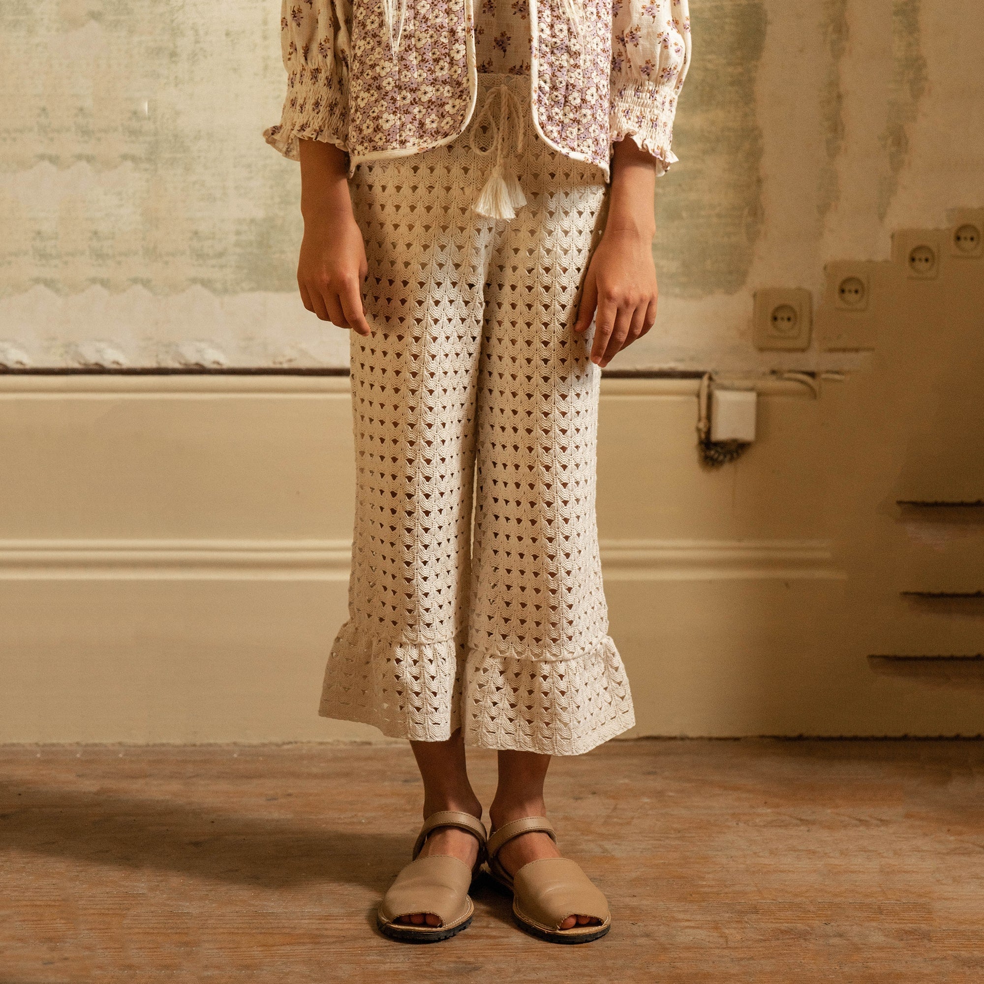 Girls White Hollow Cotton Trousers