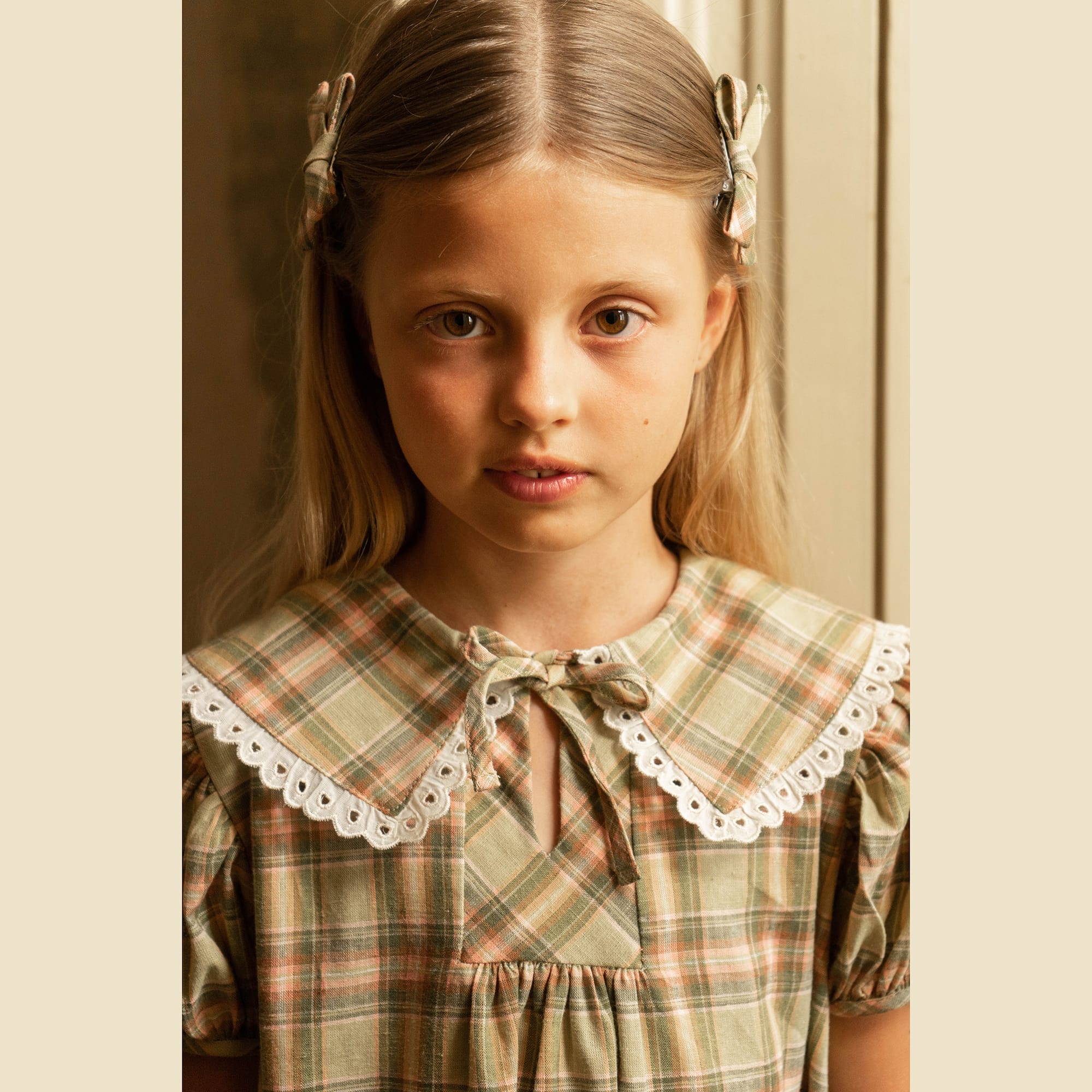 Girls Green Check Cotton Dress