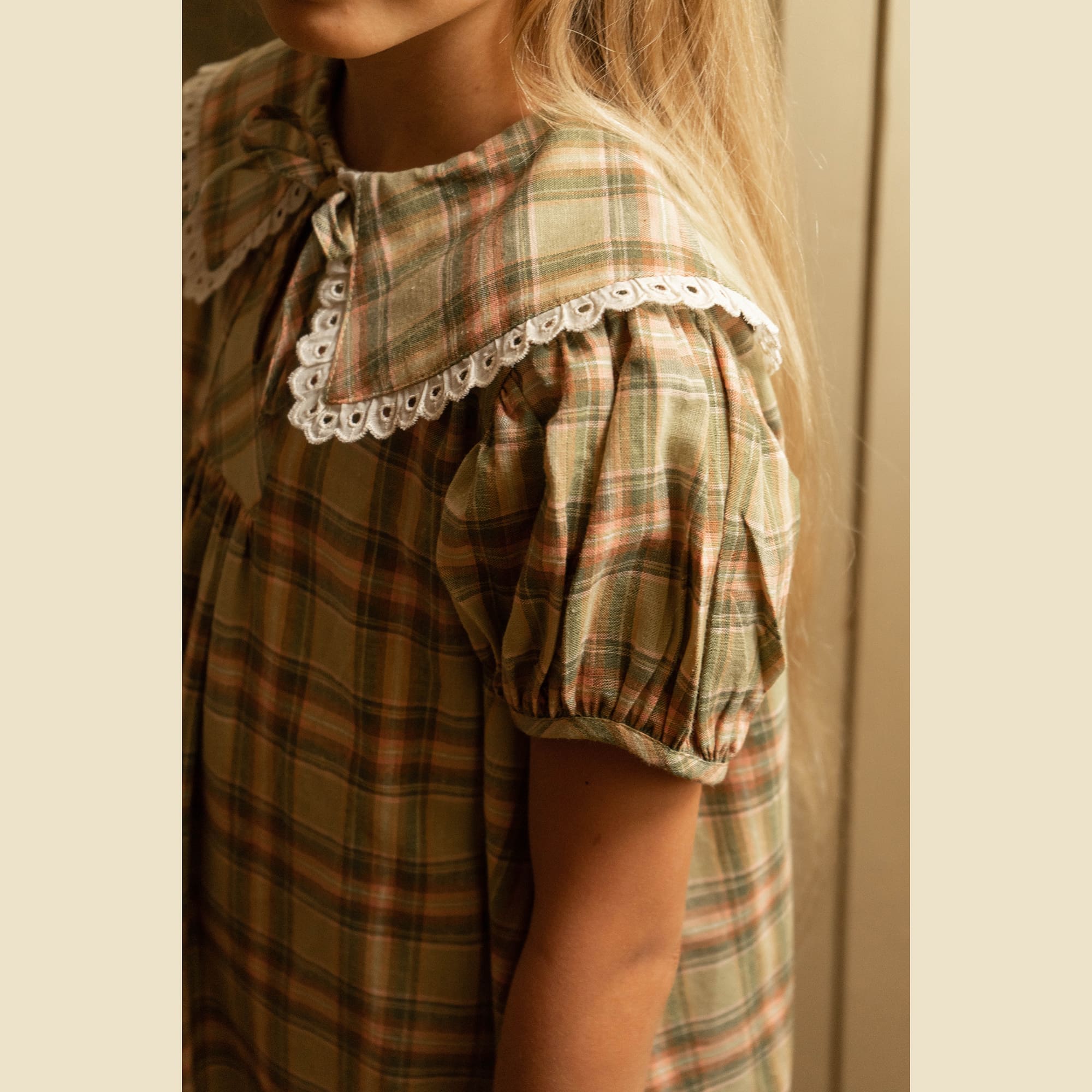 Girls Green Check Cotton Dress