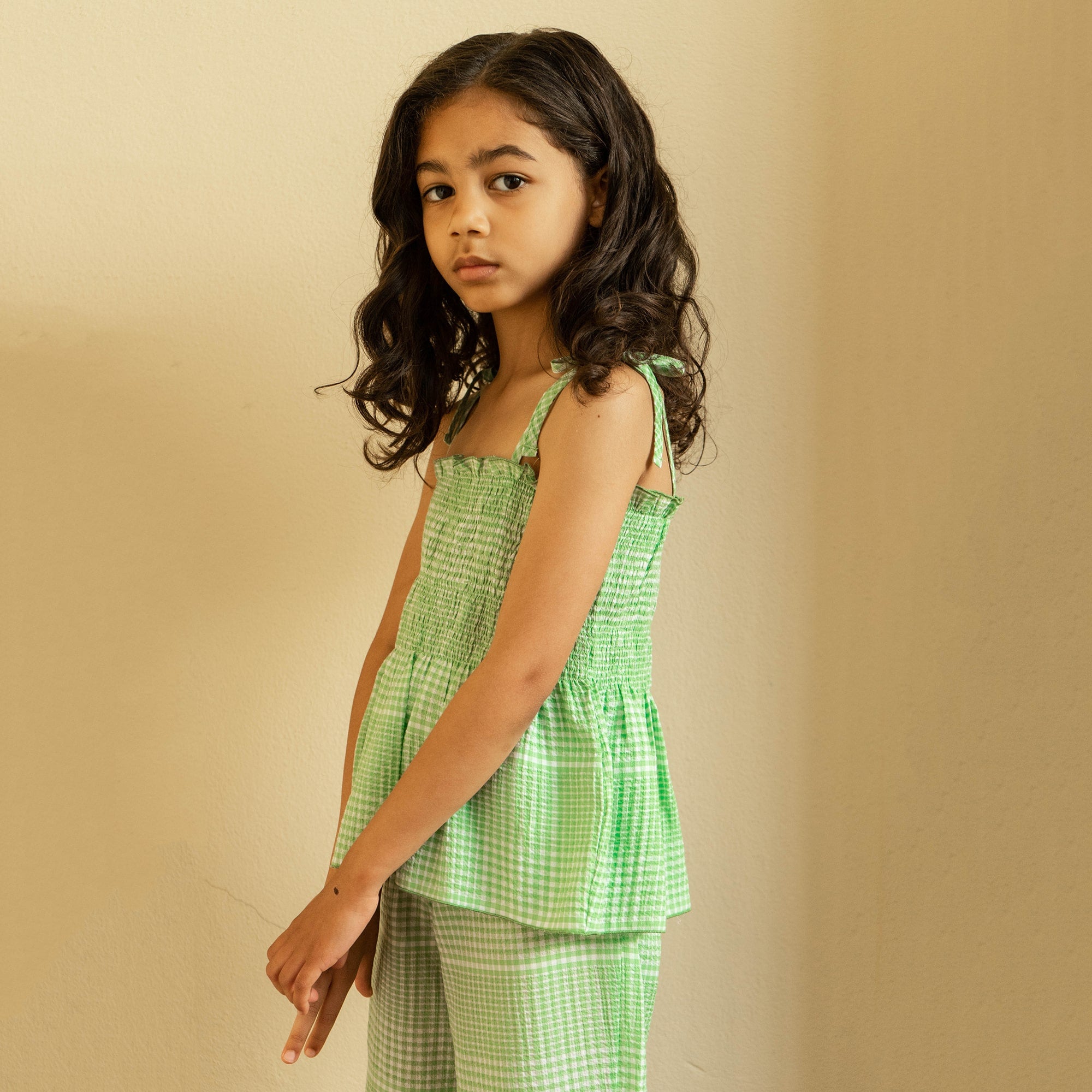 Girls Green Check Cotton Strap Top