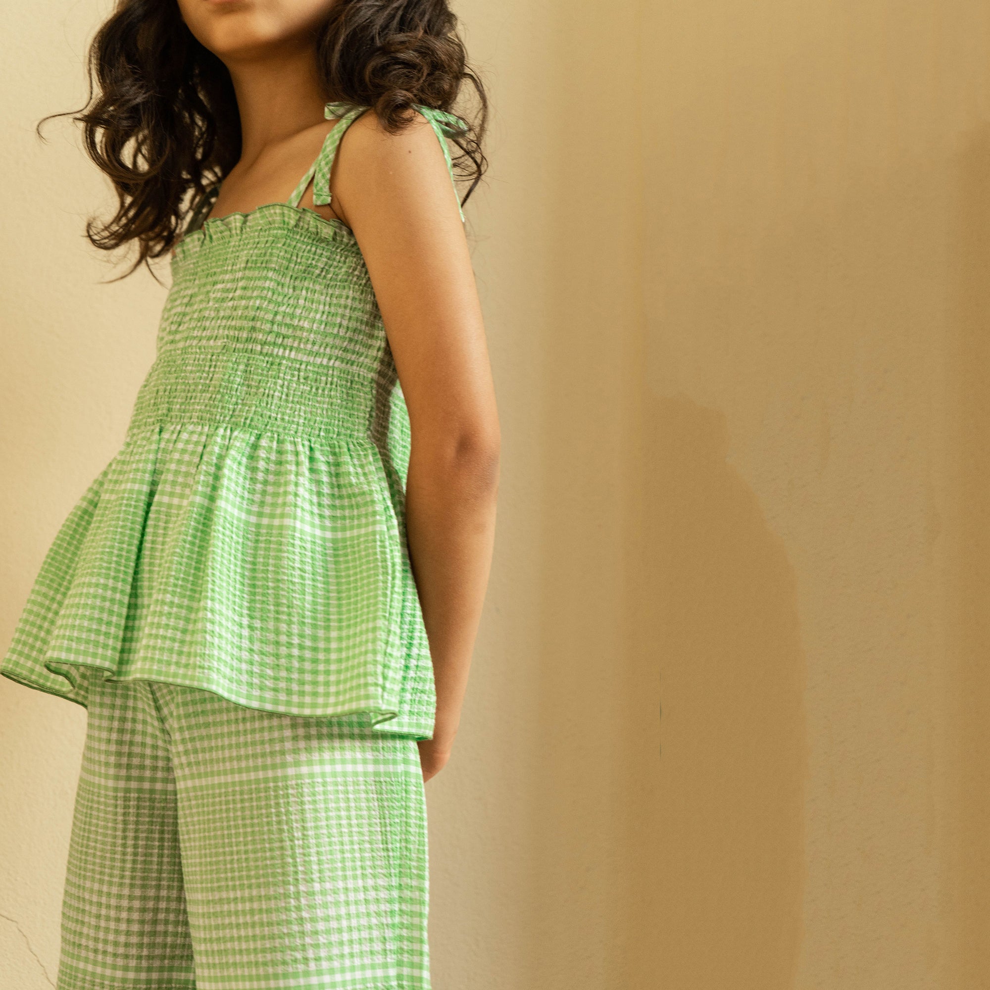 Girls Green Check Cotton Strap Top