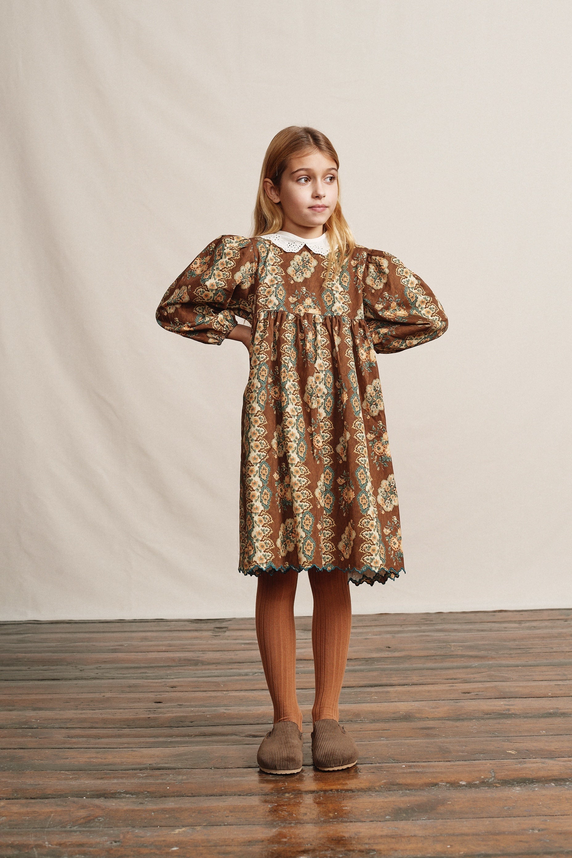 Girls Brown Flowers Cotton Dress