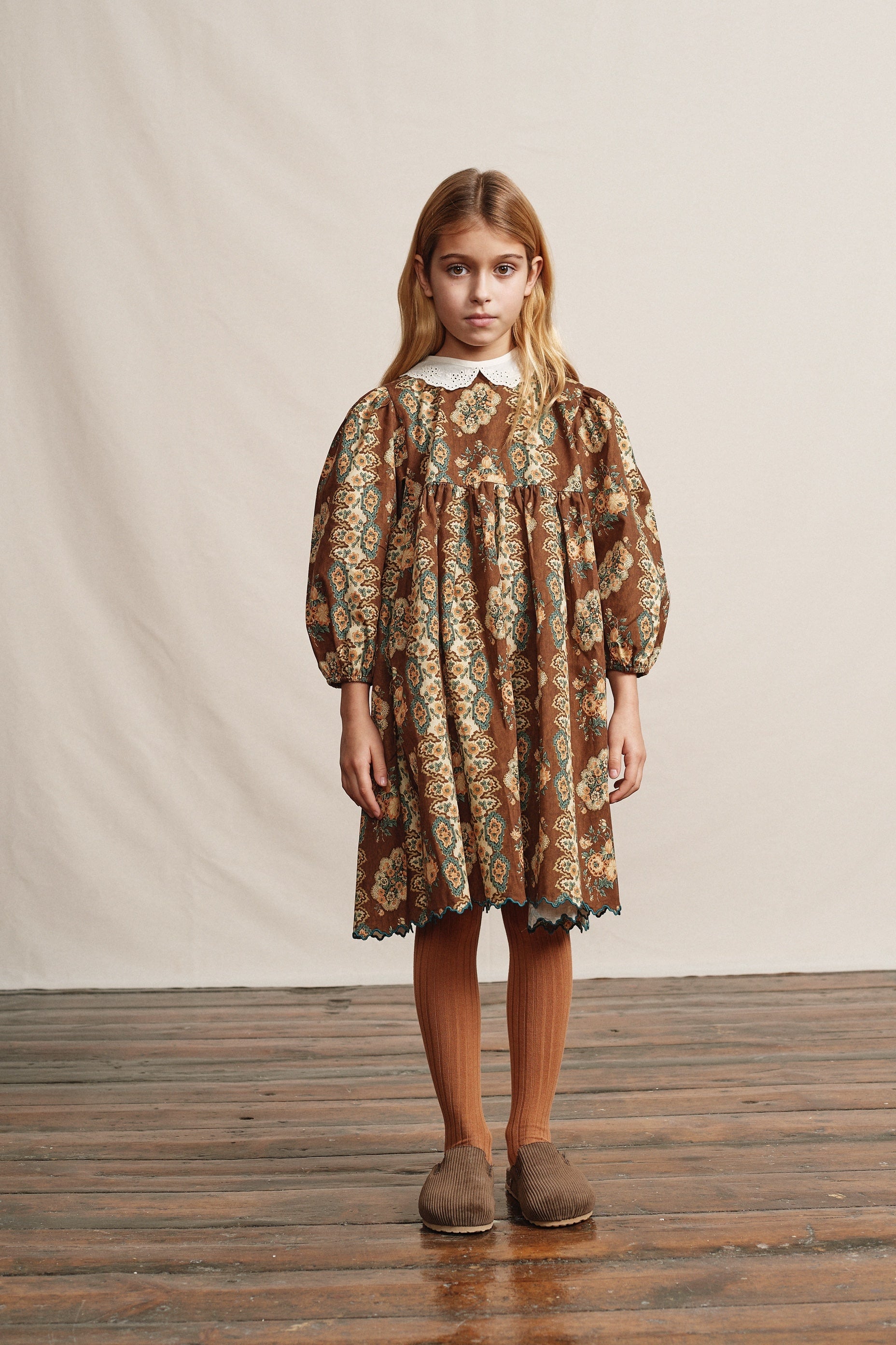 Girls Brown Flowers Cotton Dress