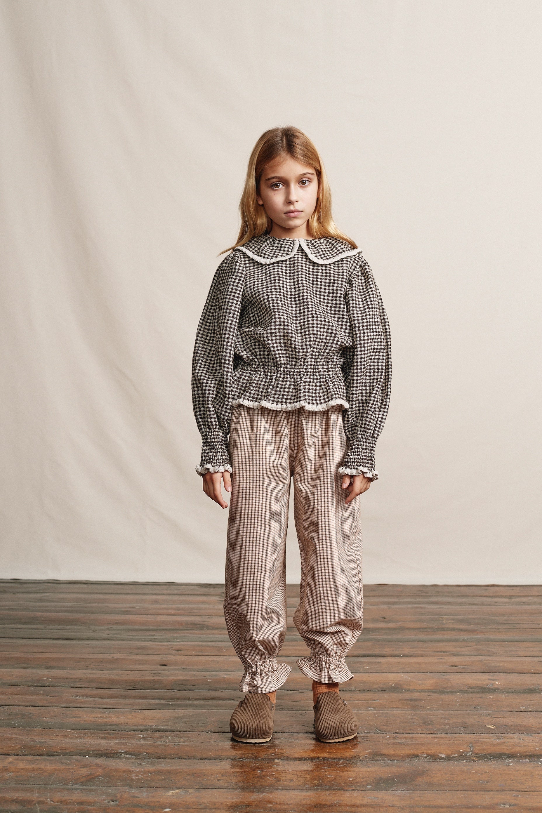 Girls Beige Check Bind Feet Trousers