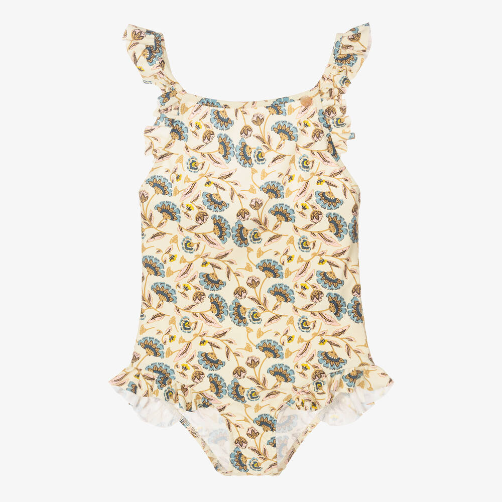 Girls Light Yellow Floral Swimsuit
