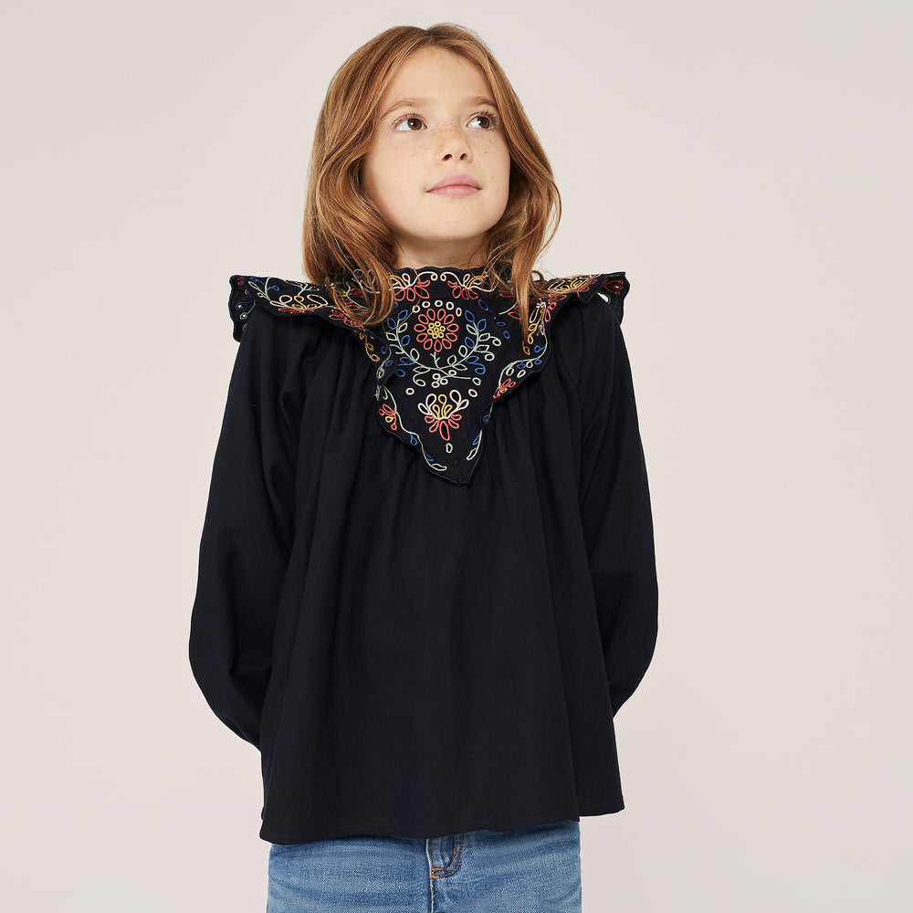 Girls Navy Embroidered Cotton Top